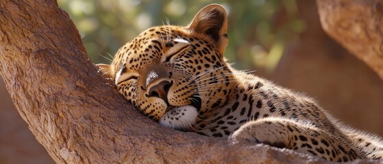 Obraz premium Leopards resting on tree branches in dappled light african savannah wildlife serene environment close-up view nature conservation