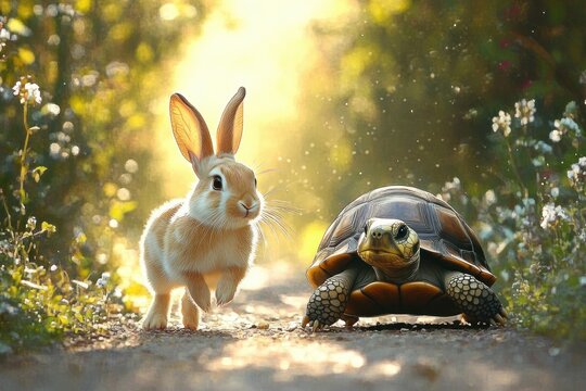 A whimsical race between a rabbit and a turtle in a forest captured in a playful scene illustrating speed and patience