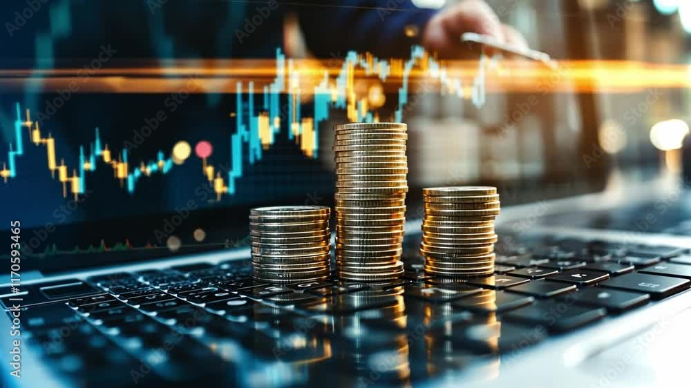 Poster stacked coins on a laptop keyboard with stock market data in the background during daytime