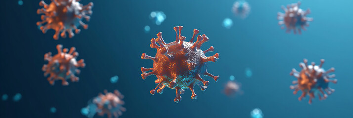Covid, respiratory virus red molecules, on a blue background, in the air. Banner template 3d seasonal flu, rotavirus, pandemic and epidemic formation, advertising and news