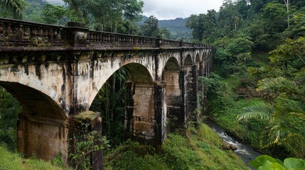Fototapeta premium Old stone bridge over gentle stream surrounded by lush forest nature photo tranquil environment scenic view