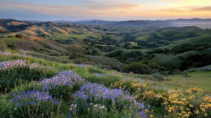 Golden sunset over rolling hills with wildflowers scenic landscape view natural beauty tranquil environment