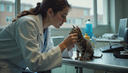 Veterinarian checking a kitten's ears in a veterinary clinic setting