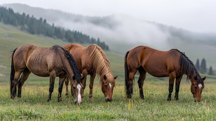 Grazing horses in misty green meadow nature serene landscape peaceful environment close-up view