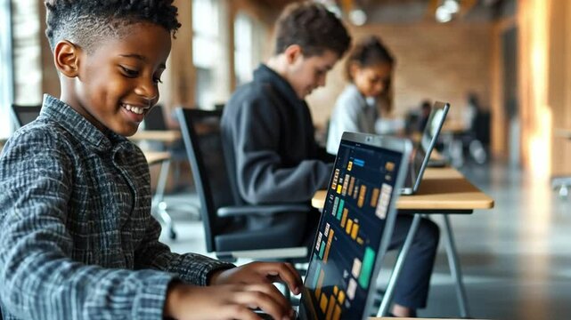 Students engaged in coding on laptops in a modern classroom setting with natural light