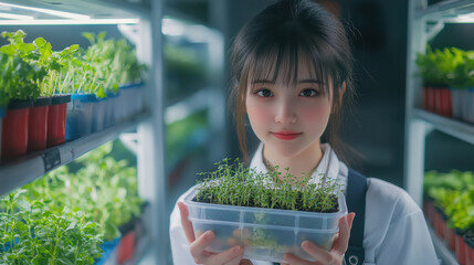 a beautiful girl in work clothes on the background of racks with micro - greenery