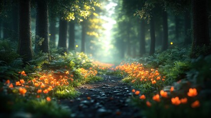 Fototapeta premium Sunlit path through enchanted forest with orange flowers.