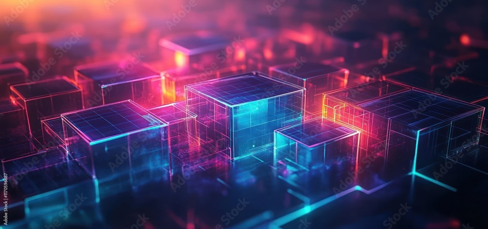 Poster futuristic glowing geometric shapes abstract background in cyberpunk style with neon colors and dept