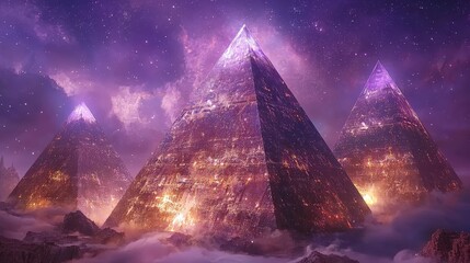 Fototapeta premium Majestic pyramids rise against a cosmic backdrop, illuminated by ethereal light, creating a mystical and captivating atmosphere.