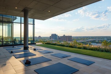 Rooftop yoga class with panoramic urban views cityscape outdoor activity scenic environment elevated perspective mindfulness practice