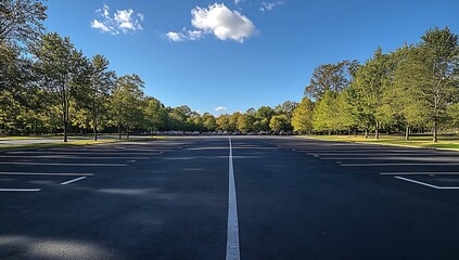 Fototapeta premium A wide view of an empty parking lot surrounded by trees.