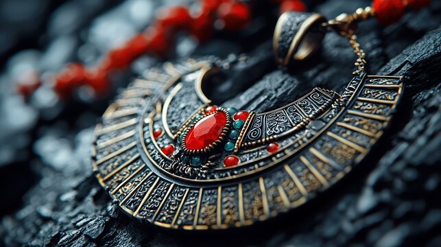 A detailed view of a unique metal pendant embedded with vibrant stones, focusing on the mesmerizing patterns and the craftsmanship involved in its creation.