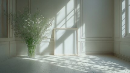Obraz premium Sunlit room with flowers and blank frame.