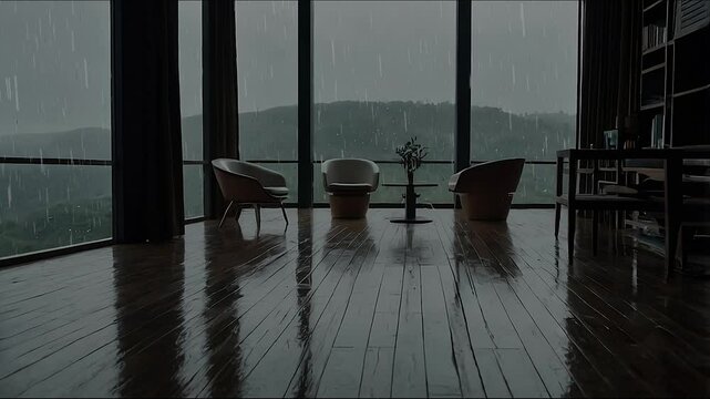 Modern living room. Rainy night. Relaxing lo-fi hip hop mood. raining time, rain in the mountain