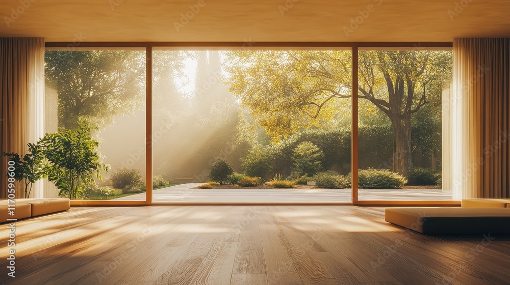 Poster an empty room with wood flooring and open windows, showcasing a minimalist and serene atmosphere in 