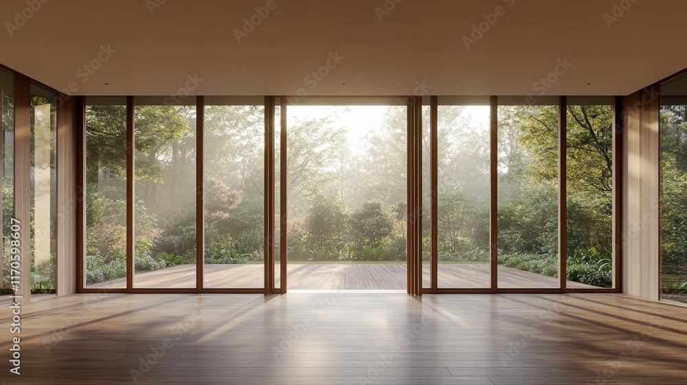 Poster an empty room with wood flooring and open windows, showcasing a minimalist and serene atmosphere in 