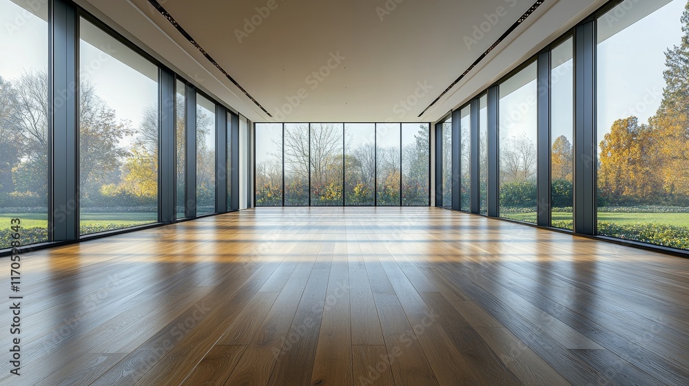 Poster an empty room with wood flooring and open windows, showcasing a minimalist and serene atmosphere in 