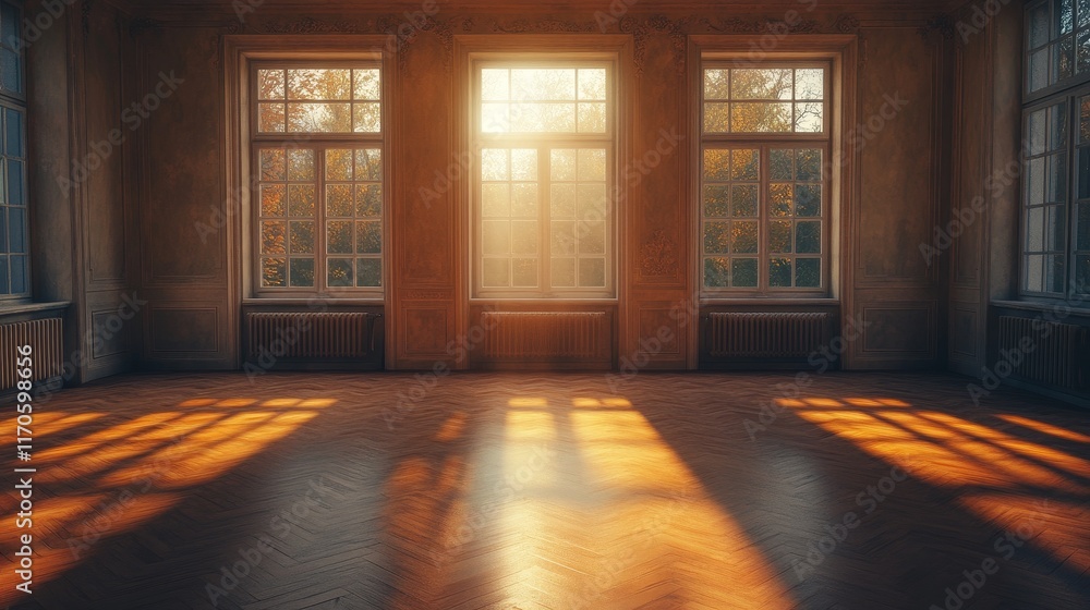Aufkleber an empty room with wood flooring and open windows, showcasing a minimalist and serene atmosphere in 