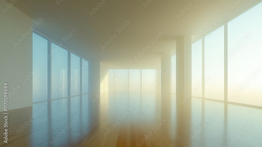 Aufkleber an empty room with wood flooring and open windows, showcasing a minimalist and serene atmosphere in 