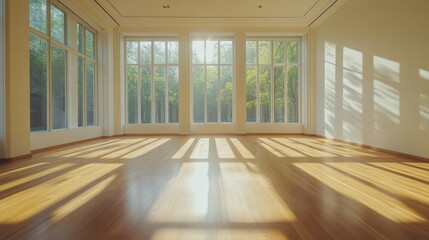Fototapeta premium An empty room with wood flooring and open windows, showcasing a minimalist and serene atmosphere in elegant simplicity. The space captures tranquility and modern interior style in 8k resolution.