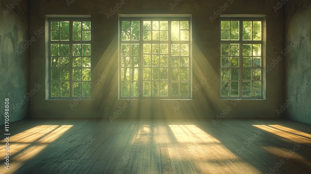 Poster an empty room with wood flooring and open windows, showcasing a minimalist and serene atmosphere in 