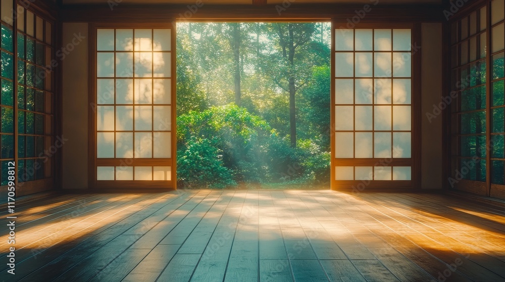 Poster an empty room with wood flooring and open windows, showcasing a minimalist and serene atmosphere in 