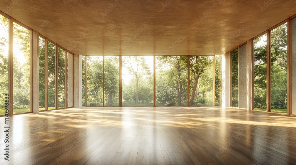 Poster an empty room with wood flooring and open windows, showcasing a minimalist and serene atmosphere in 