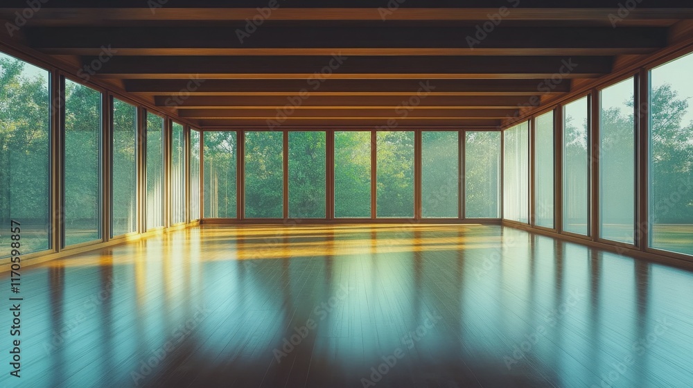 Aufkleber an empty room with wood flooring and open windows, showcasing a minimalist and serene atmosphere in 