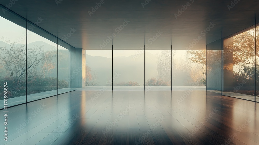 Poster an empty room with wood flooring and open windows, showcasing a minimalist and serene atmosphere in 