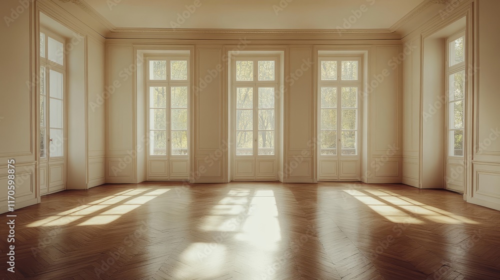 Poster an empty room with wood flooring and open windows, showcasing a minimalist and serene atmosphere in 