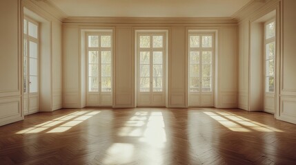 Obraz premium An empty room with wood flooring and open windows, showcasing a minimalist and serene atmosphere in elegant simplicity. The space captures tranquility and modern interior style in 8k resolution.