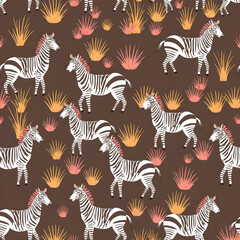 Obraz premium Seamless pattern of pastel zebras and savanna grass with a cheerful and bright theme.