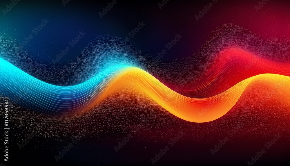 Poster a vibrant, flowing wave of colors, transitioning from blue to orange and red, set against a dark bac