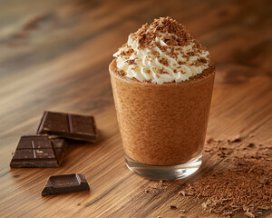 Delicious chocolate milkshake topped with whipped cream and chocolate shavings, served in a glass on a wooden table.  Perfect for menus, blogs, or food advertising.
