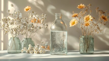 Sunlit Still Life with Dried Flowers and Sparkling Water © Argan