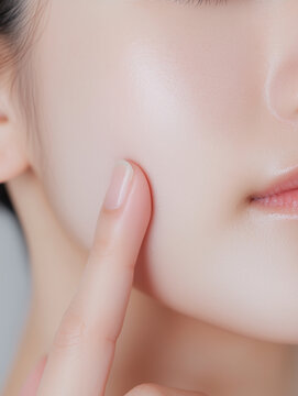 Close-up of Woman's Face and Finger on Cheek