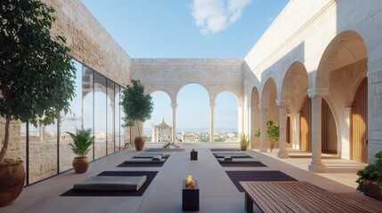 Obraz premium Rooftop yoga session restored historical building wellness experience cultural setting scenic architectural views mindfulness and relaxation in a unique urban oasis