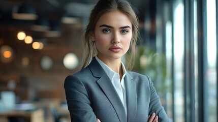 Portrait of a professional woman in a suit. Business woman standing in an office