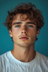 Fototapeta premium Young Man Smiling Natural Light Portrait White Striped Shirt Blue Background Skincare Casual Cool Japanese Health Care