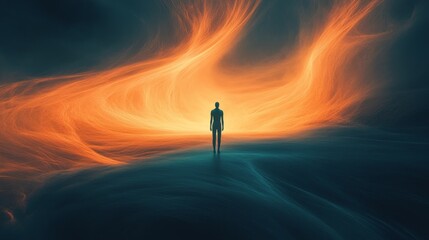 Obraz premium A figure stands in the endless void, with a dark gradient background and light emanating from behind, creating a peaceful and mysterious atmosphere of loneliness that permeates the infinite space.