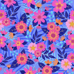 seamless pattern features vibrant, colorful flowers and leaves in shades of blue, pink, orange, and yellow, creating a tropical and exotic botanical design