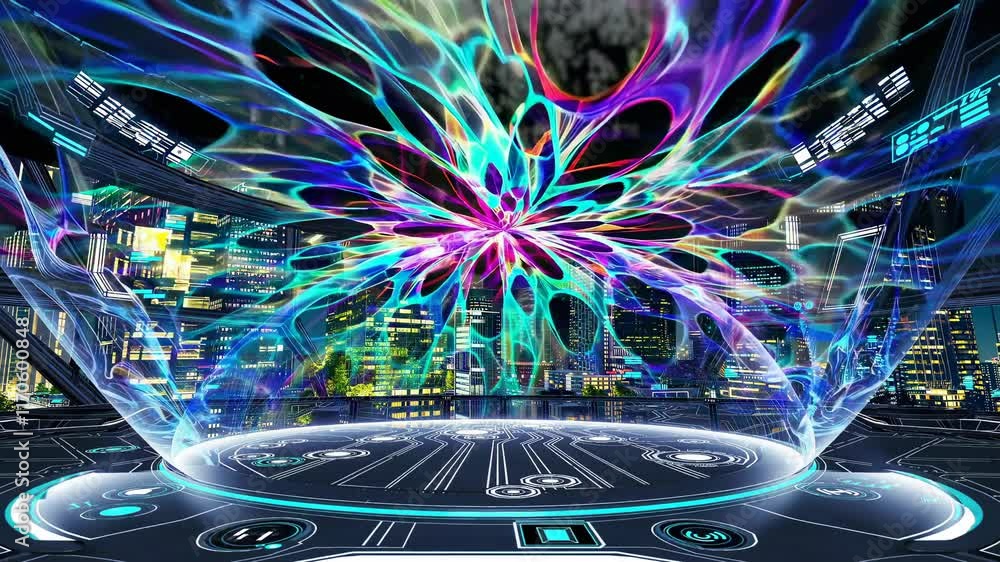 Poster virtual reality experience immerses users in vibrant digital cityscape with stunning visual effects 