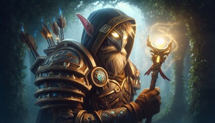 A mystical elf warrior in glowing armor holds a magical staff in an enchanted forest, exuding power and mystery