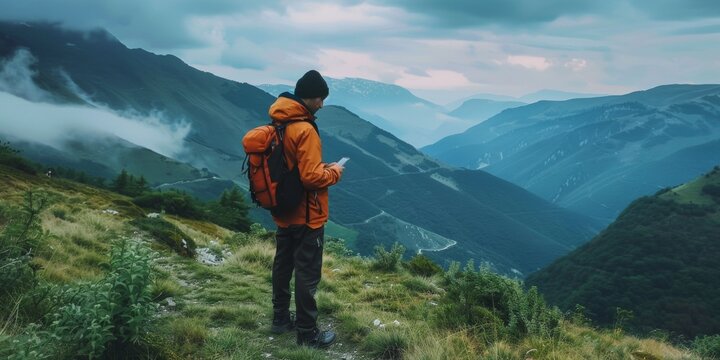 man using mobile phone on mountain, looking for signal, professional mountain climber