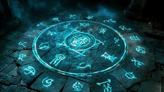 Ancient Glowing Runes on Stone Floor in Mysterious Temple