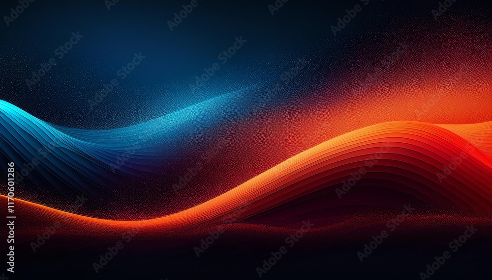 Poster a vibrant abstract wave pattern blending blue and red hues against a dark background, creating a dyn