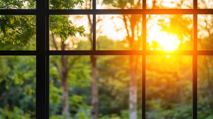 Serene Sunset View Through Glass Window Framed by Green Trees