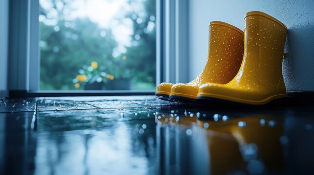Rainy Day Reflections: Yellow Rain Boots by the Window