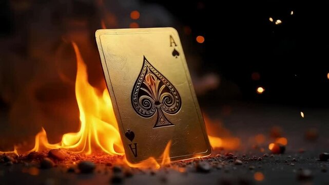 Golden ace of spades card with flames and fiery sparks casino gambling chance