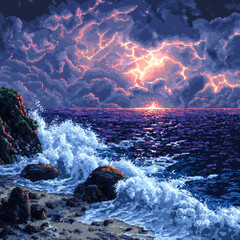 Pixel art of dramatic sunset over ocean with crashing waves on rocky shore.